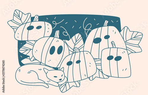 Halloween pumpkins group with sleeping cat and autumn leaves vector illustration in line art doodle style