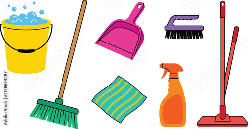 Bild auf Leinwand Housekeeping cleaning equipment vector icon set with bucket soapy bubbles broom