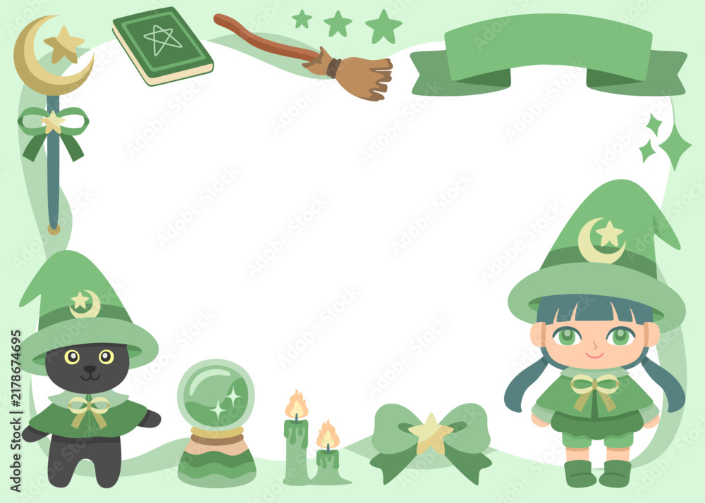 Fototapeta premium Cute Green Witch Halloween Illustration Frame with Broomstick, Crystal Ball, Magic Book and Blank Copy Space 