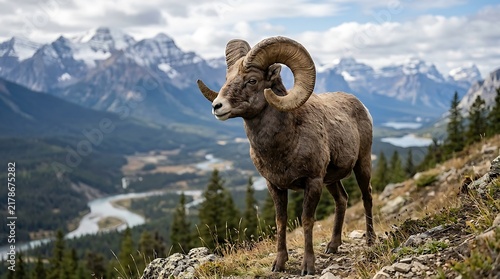 Bighorn sheep stands proudly on a rocky mountain slope overlooking a valley