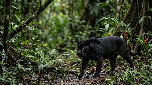 Black panther walks through lush green rainforest jungle during daytime