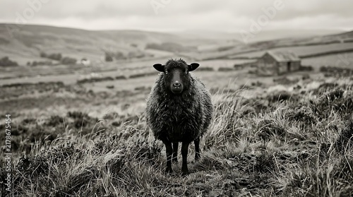 Black sheep standing in misty moorland landscape, rustic barn in background