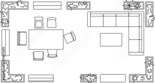 Top view floor plan layout of a modern living room with furniture and decorative indoor plants