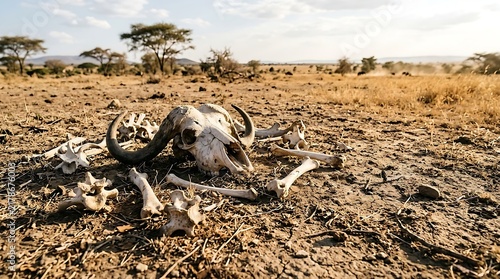 Buffalo skull and bones lie bleached in arid African savanna landscape