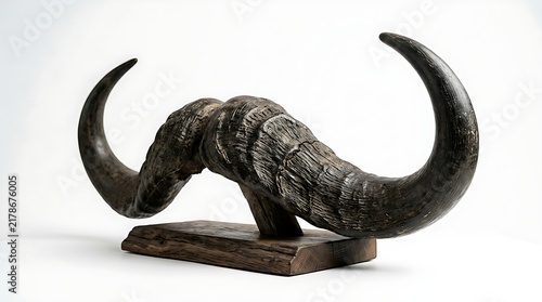 Buffalo horns on wooden stand against white background