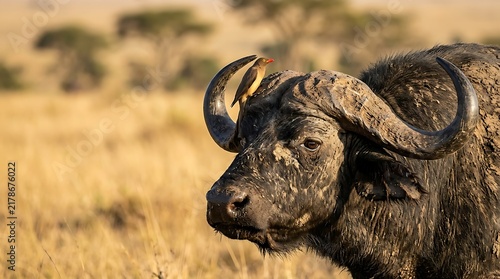 Buffalo with bird perched on horn in dry savanna grassland