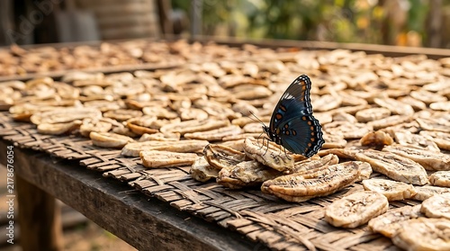 Butterfly rests on dried banana slices outdoors on a woven mat