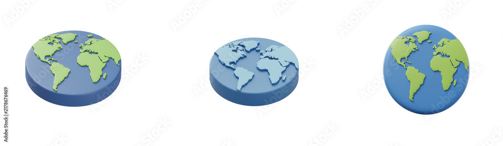 Fototapeta premium Set of three 3d isometric world globe icons isolated on transparent background