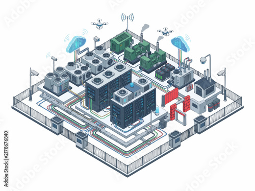 Server farm complex featuring multiple server racks, cooling units, and high security perimeters in an isometric technical layout.