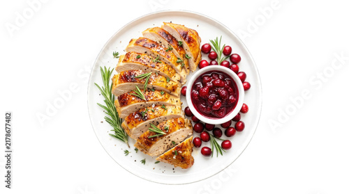 Sliced roasted turkey breast with cranberry sauce and fresh rosemary isolated on transparent background