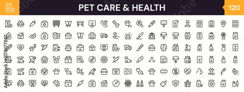 Pet care and health icon set. Editable stroke. Vector illustration. Simple line icons covering pet care prescription, dog leash, and cat paw mark.