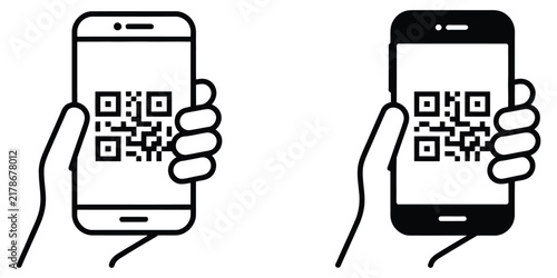 QR code icon with smartphone scanning symbol held by hand for contactless access, mobile technology, digital information, and online services