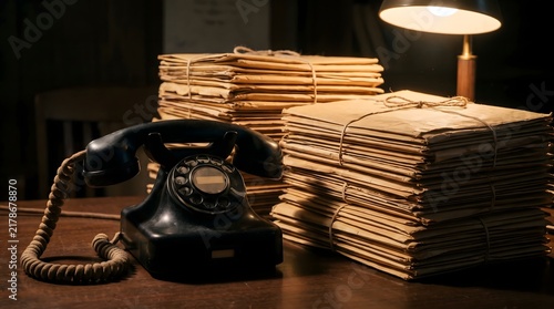 Vintage black rotary telephone on a dark wooden desk next to tall stacks of old documents tied with string.