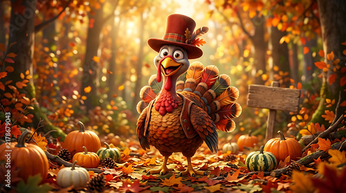 A cute cartoon turkey wearing a festive hat standing in a beautiful autumn forest to celebrate a happy thanksgiving day event