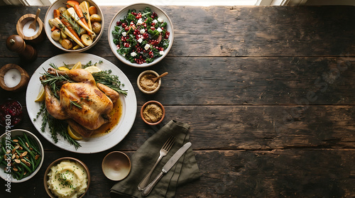 A delicious roasted turkey dinner served on a rustic wooden table for a festive happy thanksgiving day celebration with family members
