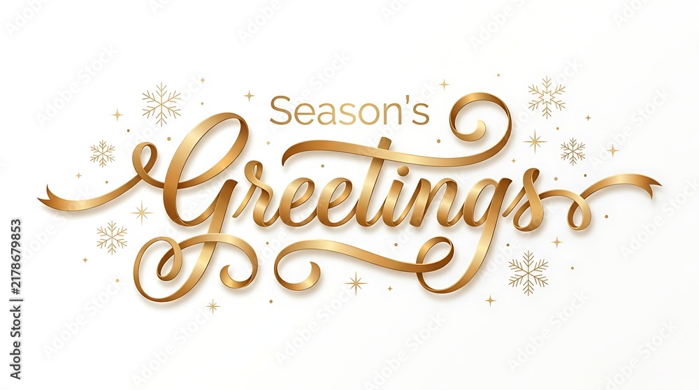 Obraz premium Elegant golden seasons greetings calligraphy text with decorative swirls isolated on a clean white background for holiday design