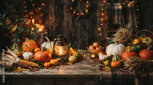 A rustic wooden table decorated with pumpkins and lanterns to celebrate a warm and cozy happy thanksgiving day holiday season scene