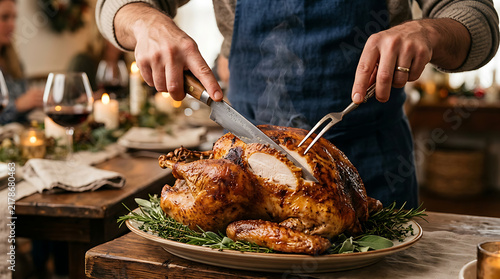 A person carving a delicious roasted turkey at a festive dinner table to celebrate a happy thanksgiving day with their family