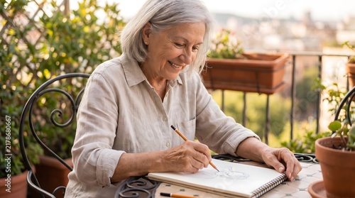 Smiling senior woman sitting on a sunny outdoor terrace drawing in a sketchbook with a pencil.