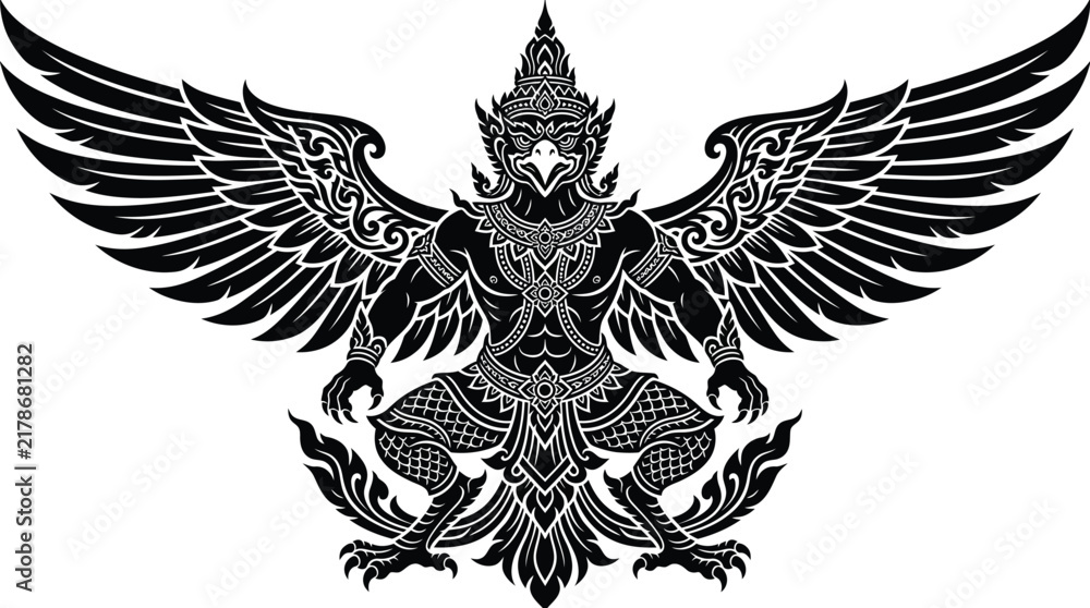 Fototapeta premium Garuda vector illustration featuring intricate traditional Thai ornamental details with sharp wings and bold black lines