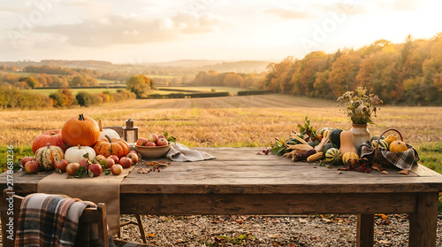 A rustic wooden table decorated with pumpkins and autumn fruits during a beautiful sunset landscape for a happy thanksgiving day celebration