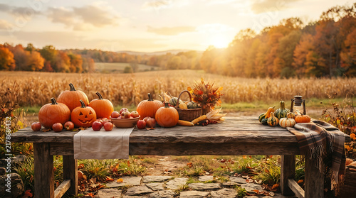 A rustic wooden table filled with pumpkins and autumn harvest decorations outdoors at sunset wishing everyone a happy thanksgiving day celebration