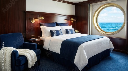 Cozy cruise ship cabin featuring a blue nautical bedroom and round porthole with an ocean view.