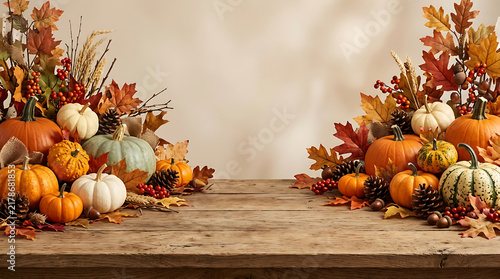 A festive wooden table decorated with various pumpkins and autumn leaves to celebrate a warm and joyful happy thanksgiving day event