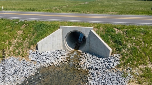 Medium shot of a culvert placement beneath a rural roadway for safe water passage and site drainage efficiency.
