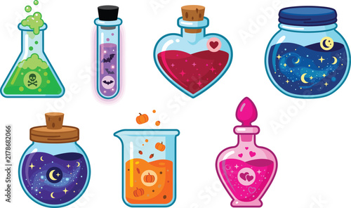 Принти на полотні Magic potion glass bottle vector icon set with witch brew love elixir halloween