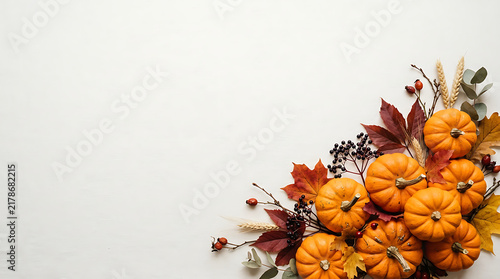 A beautiful festive flat lay composition with orange pumpkins and colorful autumn leaves to celebrate a happy thanksgiving day seasonal event