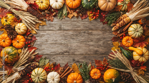 A festive rustic wooden background decorated with colorful pumpkins and autumn leaves to celebrate a warm and happy thanksgiving day event