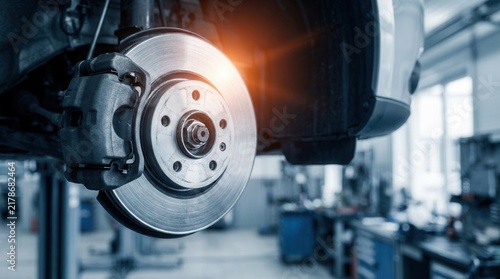 Closeup of a steel brake disc in a car service for replacing wheel pads in a garage.