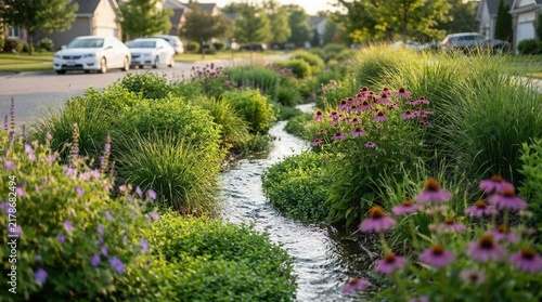 Medium shot of a bioswale managing stormwater runoff with ecofriendly plants in a suburban environment