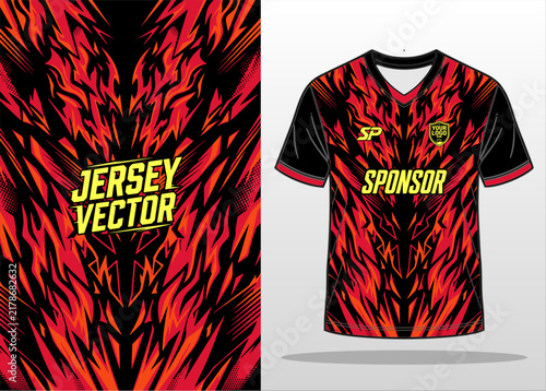 Professional sports Jersey Design with Red and Orange Flame Abstract Pattern on Black Background