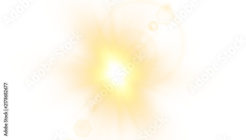 Light sun lens flare graphic with warm orange glowing center, circular rays, and yellow halo on transparent background.