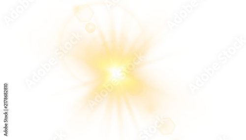 Glowing sun light burst icon with warm orange yellow lens flare rays and soft translucent glow, layered petals shape isolated on transparent background.