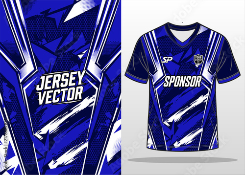 Abstract blue and white sports jersey vector design with geometric patterns