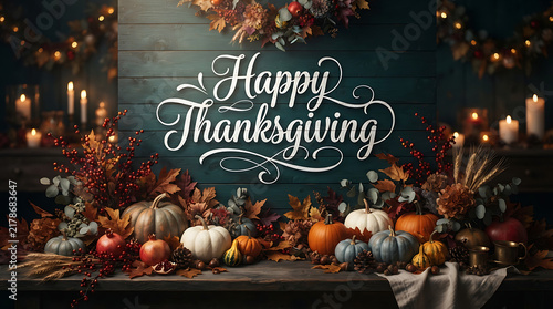 A beautiful rustic wooden background decorated with autumn pumpkins and foliage to celebrate a warm and festive happy thanksgiving day scene