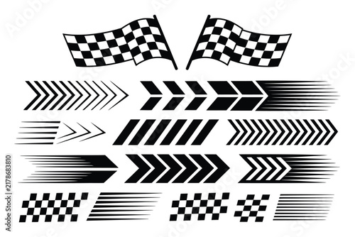 Racing car stripes with checkered flag patterns, speed lines, finish symbols, and motocross lettering for automotive racing graphics