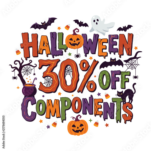 Festive Autumn Holiday Sale Signage Featuring Spooky Decorative Elements Like Pumpkins Bats And Ghosts To Promote A Thirty Percent Discount During The Annual Celebration Of Seasonal Retail