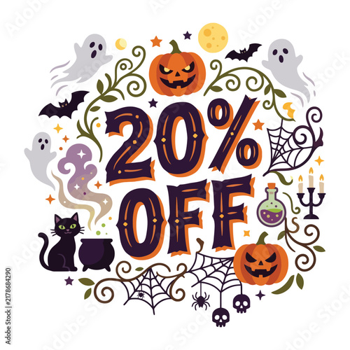 Seasonal Halloween Sale Promotion Featuring Twenty Percent Discount Tag Surrounded By Festive Autumnal Icons Like Spooky Pumpkins And Mischievous Ghosts Perfect For Retail Marketing During The