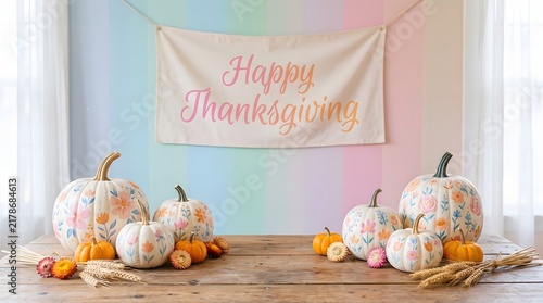 Festive happy halloween banner hanging above a collection of decorative pumpkins on a wooden floor background