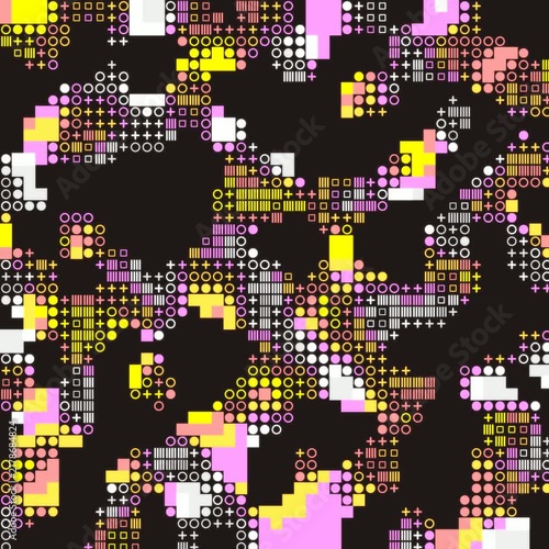 Abstract geometric pattern with moving digital pixel squares and symbols in vibrant yellow and pink colors as motion background.