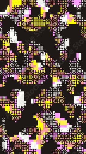 Abstract moving geometric pattern of pixels and symbols on dark background in seamless loop.