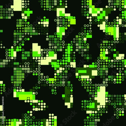Abstract digital pattern with green squares and circles in dynamic motion.