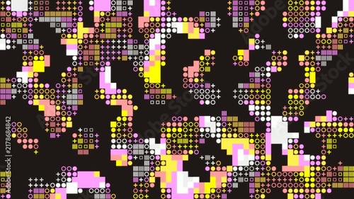 Abstract digital pattern with moving geometric shapes on dark background.