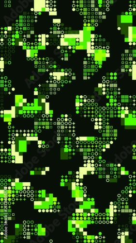 Abstract green pixelated pattern motion background with dynamic digital grid and data visualization.
