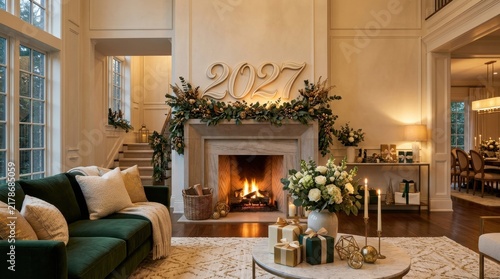 Elegant 2027 New Year living room, festive fireplace with gold numbers, luxury holiday home interior with cozy fire