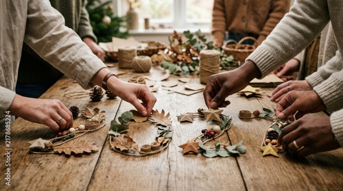Rustic Christmas workshop with diverse people making 2024 holiday decor, eco-friendly winter craft session on wood table